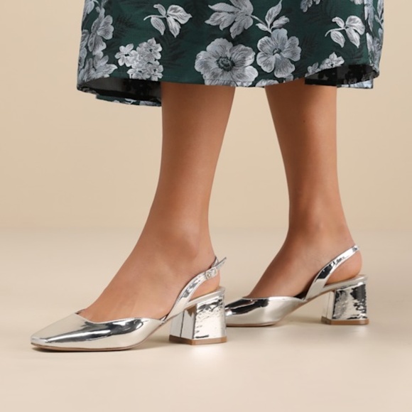 Lulus Carlson Silver Patent Slingback Low Heel Pumps - Size 8 - Picture 1 of 2